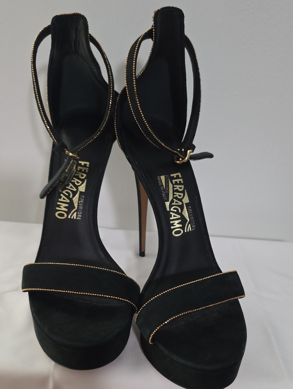 Salvatore Ferragamo Black Suede Platform Ankle-Strap Sandals with Gold Trim